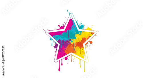 Vibrant star symbol with colorful paint splatters and drips on white background