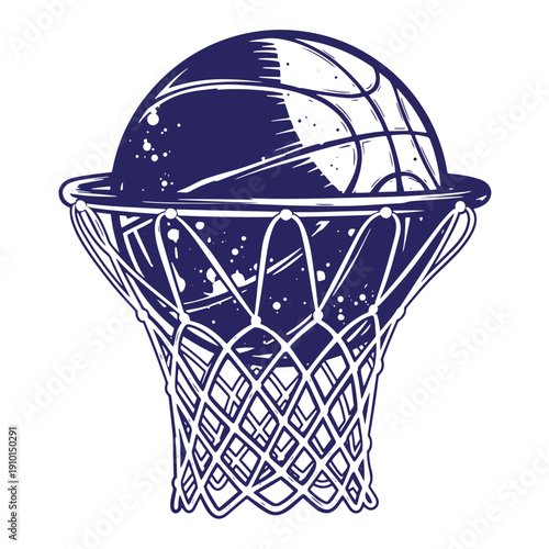 Grunge texture Vintage illustration of a basketball going through a hoop with a net in a classic distressed style one sports moment Vintage Style