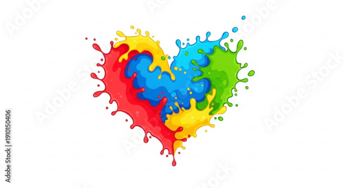 Vibrant colorful heart shape with red blue yellow and green paint splatters on white background