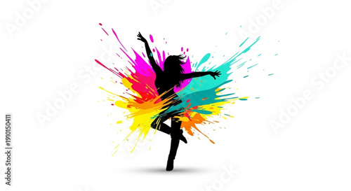 Woman dancing with colorful paint splashes in the background