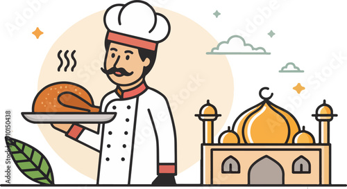 Grilled Tandoori Chicken Vector Illustration, Indian Meal Design