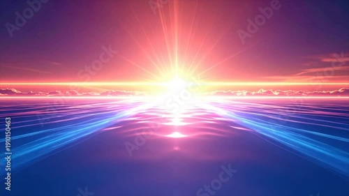 A vibrant sunrise emanates light across a reflective water surface, set against a colorful sky