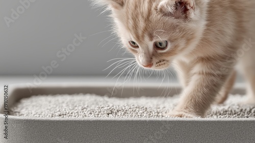 Close up kitten in litter tray highlighting granule texture and pet hygiene product category. Cat care industry, veterinary support, domestic animal market