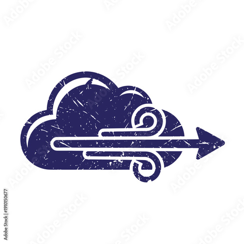 Grunge texture Weather icon with cloud and wind blowing to right side  weather forecast symbol with scratches Vintage Style