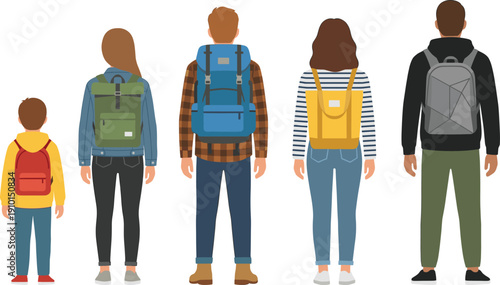 Rear view of diverse people and children with backpacks walking together, outdoor travel, school and adventure vector illustration