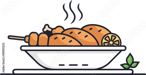 Marinated Chicken Tikka Vector Illustration, Indian Spicy Food