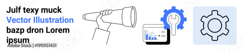 Telescope held by hand for vision, analytics chart with rising graph, wrench in gear symbolizing tools and settings, separate gearwheel. Ideal for business, strategy, vision, data, analytics tech
