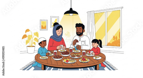 Happy Muslim family having Iftar dinner together