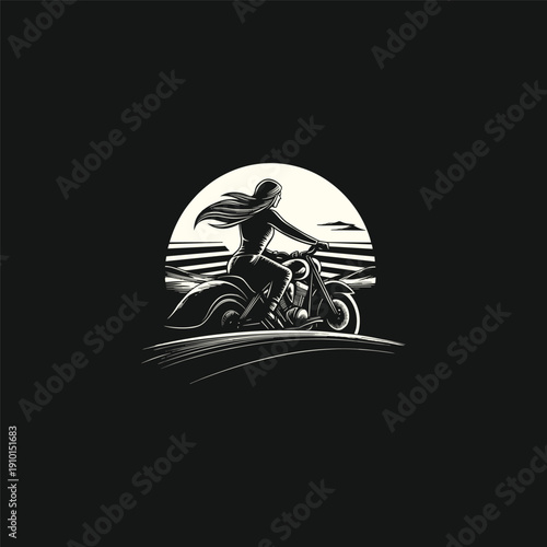 Vintage woodcut illustration of a woman riding a classic motorcycle at sunset, hand-drawn engraving style for biker club and apparel design.