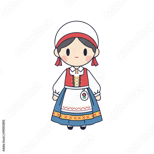 cute scandinavian girl character in traditional folk costume with floral apron