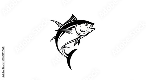 Tuna Fish Jumping Out of Water, Black and White Vector Illustration