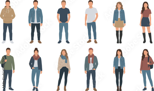 Vector illustration of diverse group of men and women wearing stylish casual clothing and seasonal outfits for fashion design