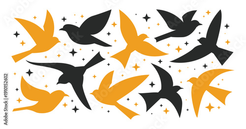 Set of Silhouettes Birds in different poses. Magical birds flying with stars decorative design.