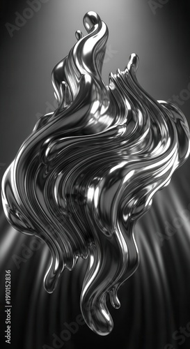 Highly reflective liquid metal forms a dynamic, sculptural splash against a dark backdrop.