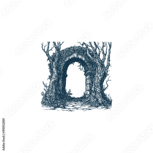 Vintage woodcut illustration of an ancient stone archway covered in vines and surrounded by twisted trees, hand-drawn engraving style for fantasy and nature themes.