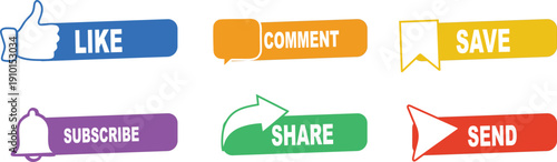 Professional Social Media Notification Icons for Content Creators, Minimalist Call to Action Symbols, Subscribe Like Follow Hand Cursor and Bell Alert Vector Elements