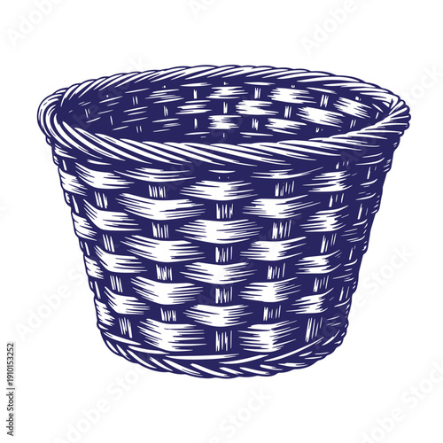 Grunge texture A dark blue woven basket with a twisted rope design on a white background Vintage Style