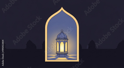 Glowing Ramadan lantern in archway window
