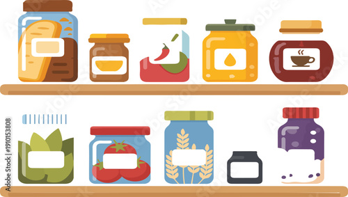Kitchen Pantry Jars on Wooden Shelves – Food Storage Illustration in Daylight