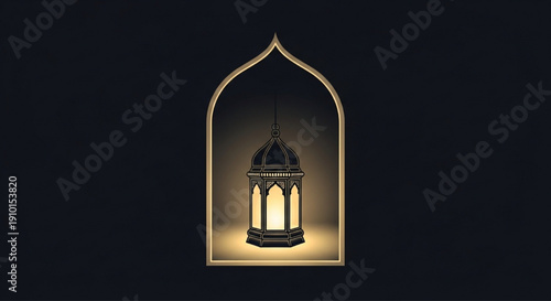 Glowing Ramadan lantern in archway window