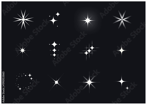 12 Unique Sparkle and Starburst Shapes, Glow and Shine Vector Icon Set