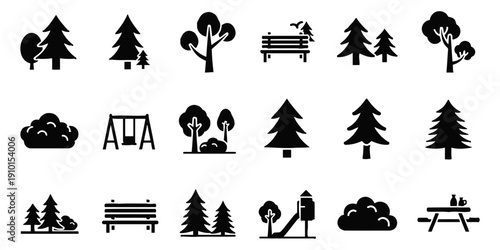 Park and garden icon set with trees, benches, swings, picnic table, and outdoor nature elements.