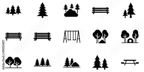 Park and nature icons set with trees, benches, swings, and outdoor elements in clean solid vector style.