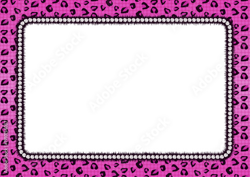 平成レトロなヒョウ柄の背景フレーム ピンクのレオパード柄とラインストーンのデコレーションベクター素材