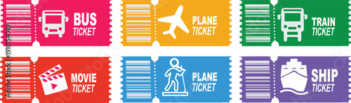 Set of Colorful Travel and Event Ticket Icons, Plane Train Bus and Ship Booking Vector Elements, Movie Ticket and Boarding Pass Graphics for UI UX Mobile App Design