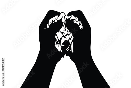 Hands crushing crumpled paper symbolizing stress, frustration, pressure, and emotional problems. Black vector isolated on white background.