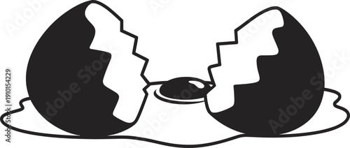 Broken egg shell with spilled yolk silhouette vector illustration, cracked eggs isolated on white background, food concept symbol in black and white design