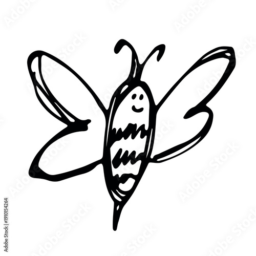 Hand drawn happy funny cute honey bee clipart Adorable flying striped insect friendly kawaii bumble bee For kids print, web, design, decor, logo