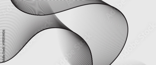 A sleek vector background featuring elegant, flowing black parallel lines on a soft light grey backdrop. Abstract vector background with black wavy lines.