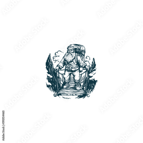 Vintage woodcut illustration of an old bearded hiker with a backpack crossing a rope suspension bridge in the mountains, circular emblem design in hand-drawn engraving style.
