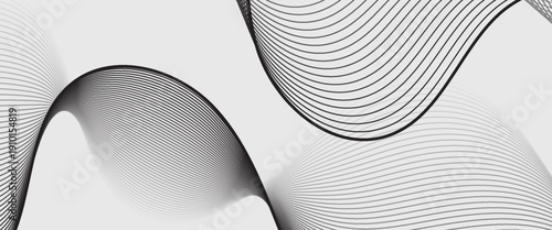 A sleek vector background featuring elegant, flowing black parallel lines on a soft light grey backdrop. Abstract vector background with black wavy lines.