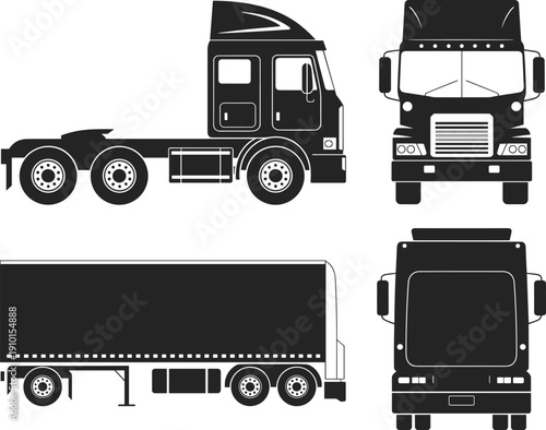 Black and white vector silhouettes of semi‑truck cab and trailer from multiple perspectives including side, front, and rear views for logistics