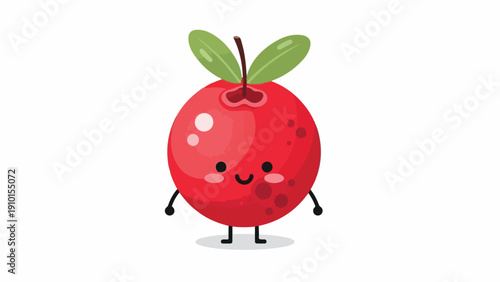A cheerful cartoon red apple with a smiling face and green leaves stands on a plain white background with a playful and friendly mood.