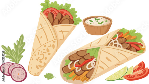 Street Food Shawarma Wrap Vector Set