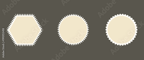 Postage stamp set. Post stamp frames and borders. Beige round and rectangular template for mail, postcard, letter. Jagged wavy edge forms. Vintage objects for poster, banner, badge, sticker. Vector