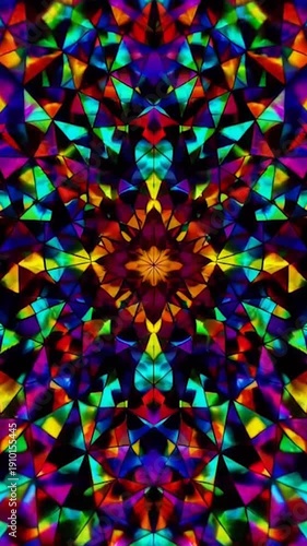 A vertical video endless loop presenting colorful psychedelic kaleidoscope art background with symmetrical patterns moving continuously, representing abstract visual motion, vibrant digital art style.