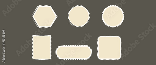Postage stamp set. Post stamp frames and borders. Beige round and rectangular template for mail, postcard, letter. Jagged wavy edge forms. Vintage objects for poster, banner, badge, sticker. Vector