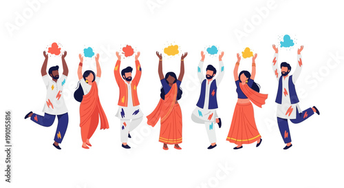 Indian People Celebrating Holi Festival with Color Powder Illustration