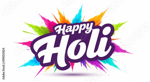 Happy Holi Festival Typography with Colorful Powder Explosion Background