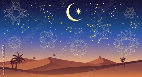 Ramadan desert night with geometric stars vector