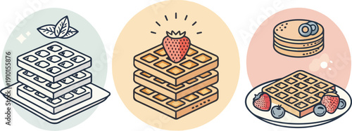 Golden waffle vector illustration, sweet breakfast pastry for cafe menus