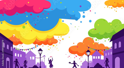 Holi Festival Celebration Background with Colorful Powder Clouds and Silhouette Crowd Illustration
