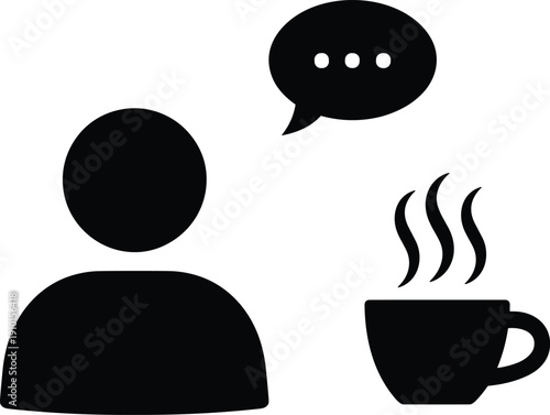 Person icon with speech bubble and hot coffee cup silhouette vector illustration, communication concept symbol isolated on white background, conversation break design
