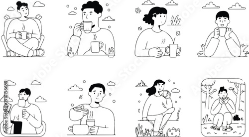 Minimalist Line Art People Relaxing with Coffee and Tea – Indoor and Outdoor Scenes