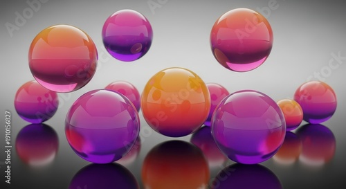 Multiple glossy spheres displaying vibrant orange and purple gradients hover above a reflective surface.