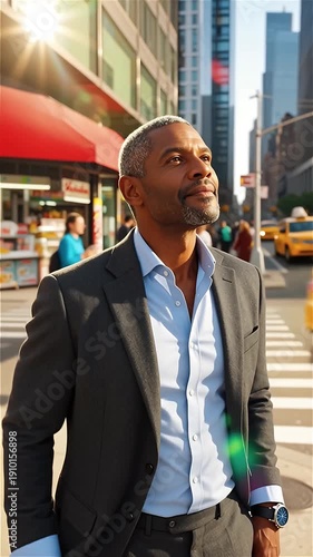Professional businessman checking phone on busy city sidewalk